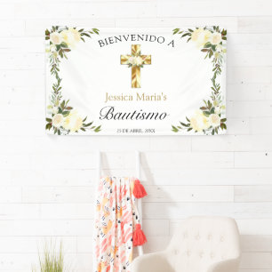 Banner De Bienvenida De Bautizo De Cruz Y Floral