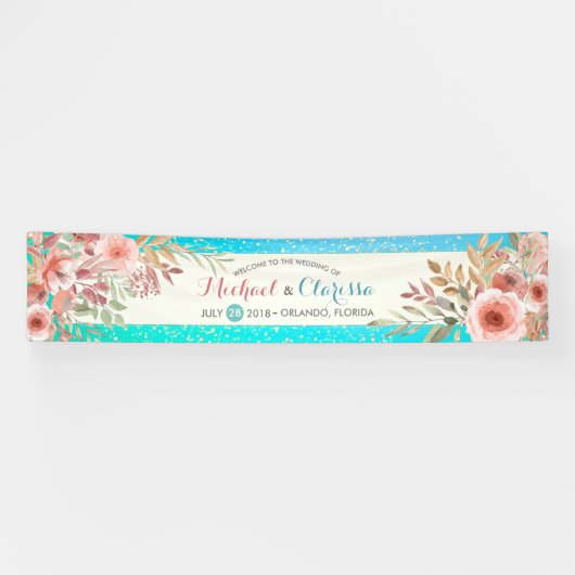 Banner Elegant Pink Floral Blauwgroen Gold Stippen (Horizontaal)