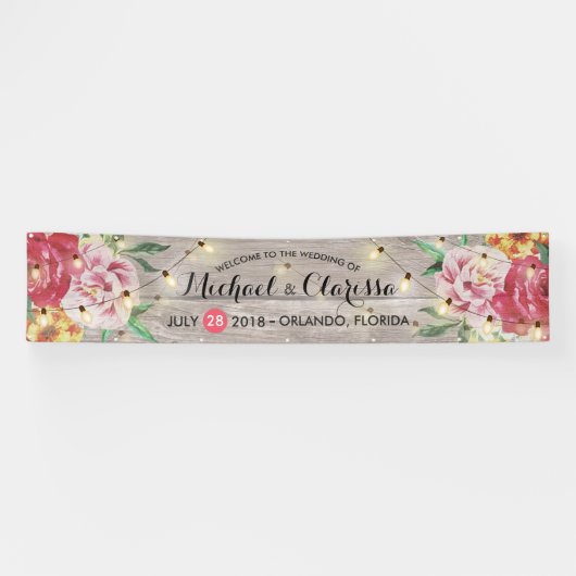 Banner Flowers en String Lights Rustic Wood (Horizontaal)