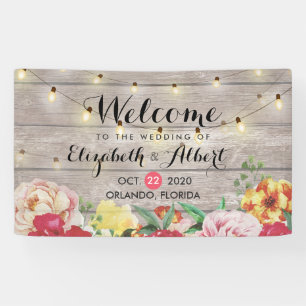 Banner Flowers String Lights Rustic Wood