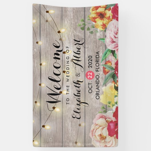 Banner Flowers String Lights Rustic Wood (Verticaal)
