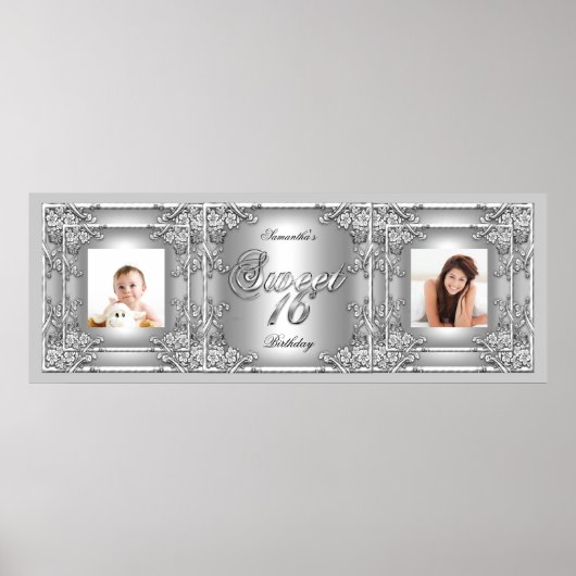 Banner Foto Sweet 16 Party Silver Floral Poster (Voorkant)