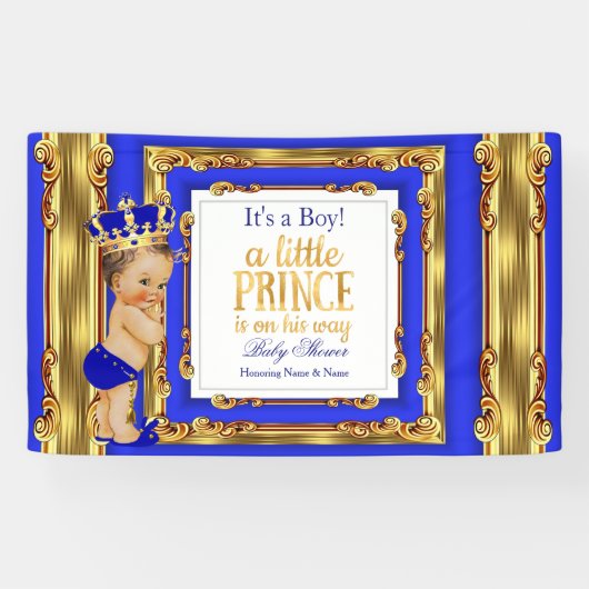 Banner Prince Baby shower Royal Blue Gold Brunette (Horizontaal)
