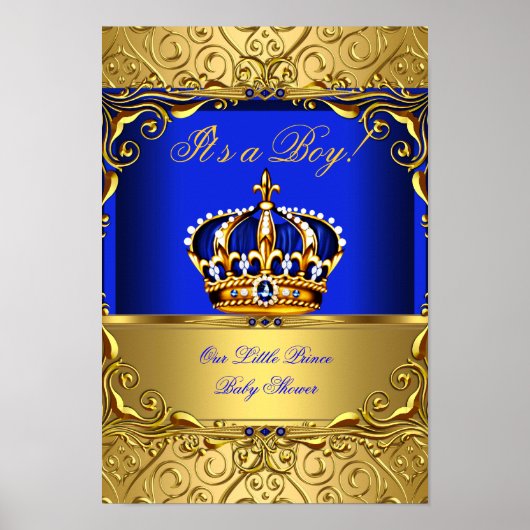 Banner Prince Boy Baby shower Blue Gold Crown Poster (Voorkant)