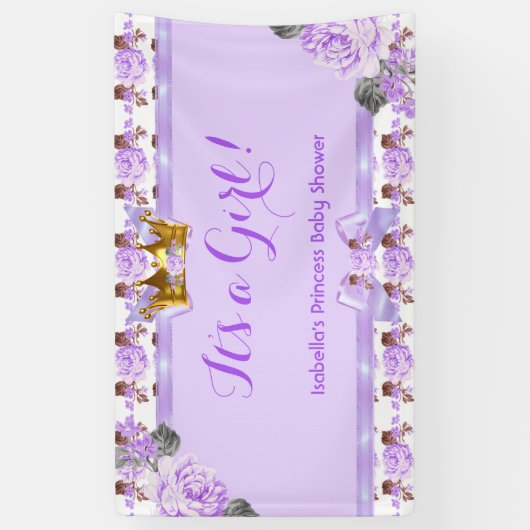 Banner Princess Baby shower Paarse Rozen Bloemen (Verticaal)