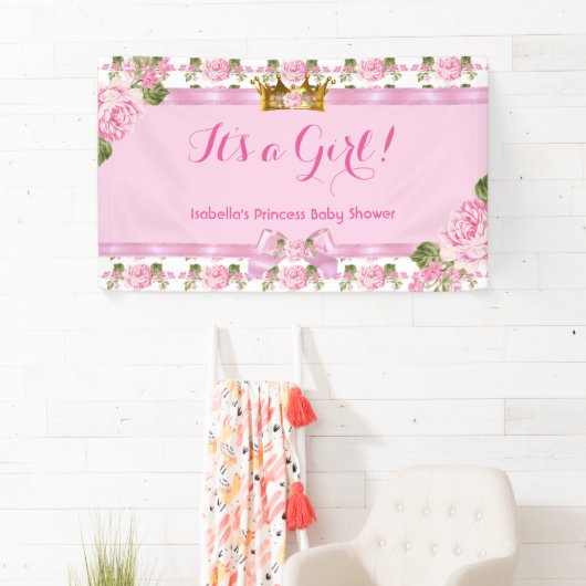 Banner Princess Baby shower Pink Roses Gold Crown (Insitu)