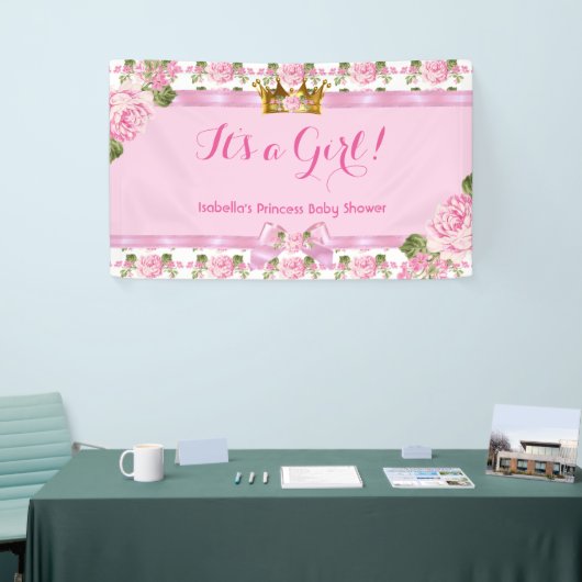 Banner Princess Baby shower Pink Roses Gold Crown (Beurs)