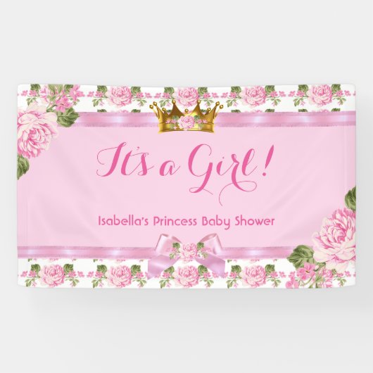 Banner Princess Baby shower Pink Roses Gold Crown (Horizontaal)