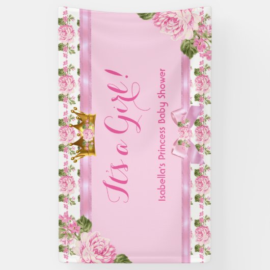Banner Princess Baby shower Pink Roses Gold Crown (Verticaal)