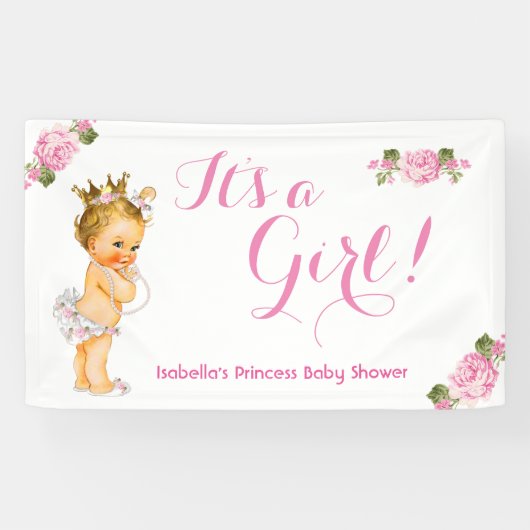 Banner Princess Baby shower Roze Bloemen Blond (Horizontaal)