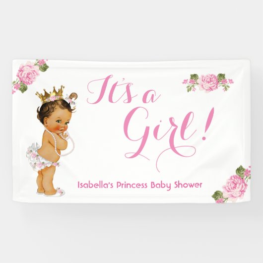 Banner Princess Baby shower Roze Bloemen Brunette (Horizontaal)