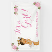 Banner Princess Baby shower Roze Bloemen Brunette (Verticaal)