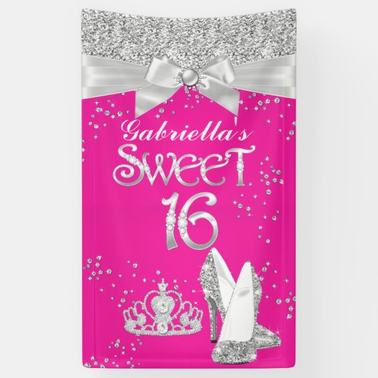 Banner Sparkle Tiara Heels Sweet 16 Hot Pink (Verticaal)