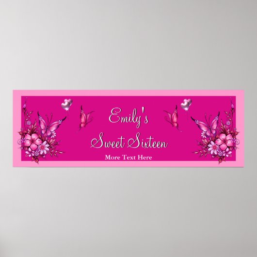 Banner Sweet 16 Pink Flowers Boterfly Birthday Poster (Voorkant)