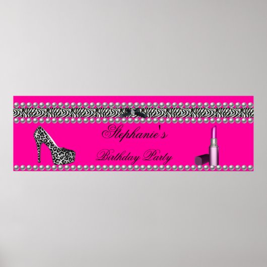 Banner Verjaardag Heet Roze Lippenstift Zebra Luip Poster (Voorkant)