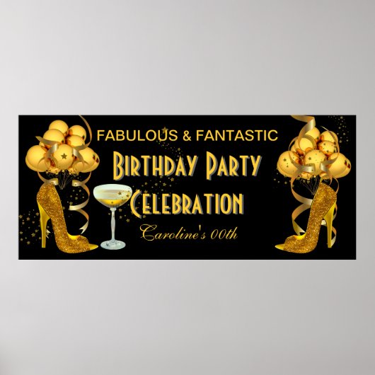 Banner Verjaardagsfeest Viering Zwart Goud Poster (Voorkant)