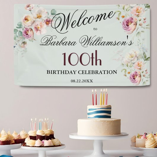 Banner Watercolor Floral 100th Birthday Welcome