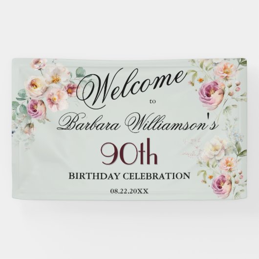 Banner Watercolor Floral 90th Birthday Welcome  (Horizontaal)