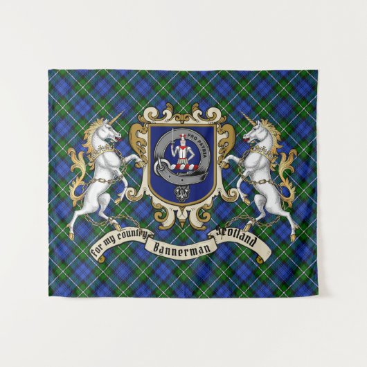Bannerman Clan Badge & Unicorns met Tartan Wandkleed (Voorkant (horizontaal))