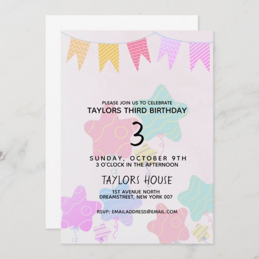 Banners Ballonnen Aquarel 1e Verjaardagsfeestje Kaart (Voorkant / Achterkant)