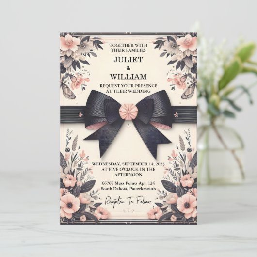 Banners Bogen Satijn Chic Lint Snijden Bruiloft Kaart (Staand voorkant)