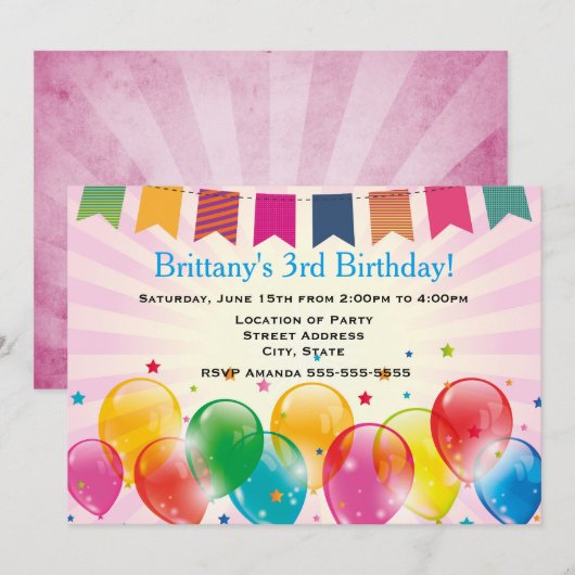 Banners en Ballonnen Roze Verjaardagsfeest Kaart (Voorkant / Achterkant)