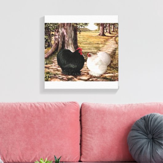 Bantam Cochin Haan en Hen in bosrijke omgeving Canvas Afdruk (Insitu (Woonkamer))