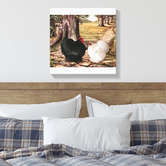 Bantam Cochin Haan en Hen in bosrijke omgeving Canvas Afdruk (Insitu (Slaapkamer))