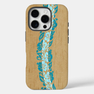 Banyans Hawaiian Hibiscus Nep Hout Surfplank Teal iPhone 16 Pro Hoesje