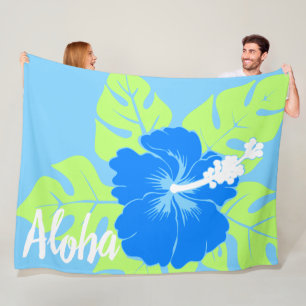 Banzai Beach Hawaiian Hibiscus Floral Aloha - Blue Fleece Deken