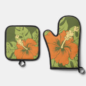 Banzai Beach Hawaiian Hibiscus Floral Olijfgroen Ovenwant & Pannenlap Set (Voorkant)