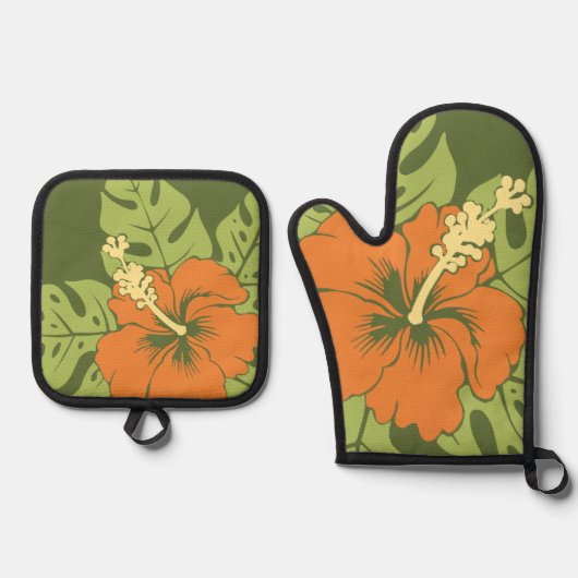 Banzai Beach Hawaiian Hibiscus Floral Olijfgroen Ovenwant & Pannenlap Set (Voorkant)