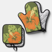 Banzai Beach Hawaiian Hibiscus Floral Olijfgroen Ovenwant & Pannenlap Set (Voorkant / Achterkant)