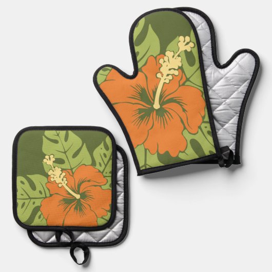 Banzai Beach Hawaiian Hibiscus Floral Olijfgroen Ovenwant & Pannenlap Set (Voorkant / Achterkant)