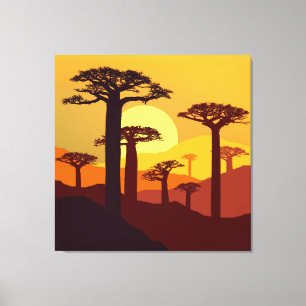 Baobab op zonsondergang canvas afdruk
