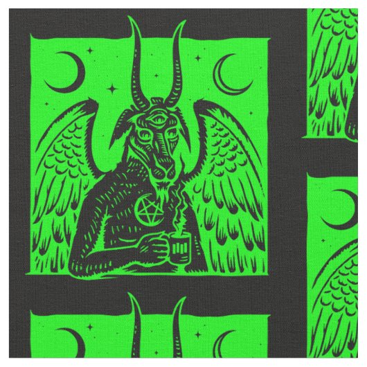 Baphomet Pentagram Moon Coffee Demon Acid Green Stof (Close Up)