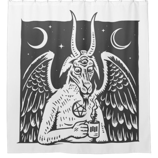 Baphomet Pentagram Moon Coffee Demon White Douchegordijn (Voorkant)