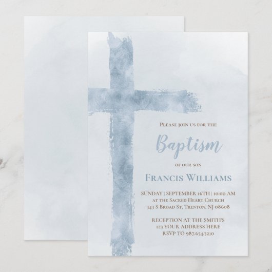 Baptisemblauwe waterverf kruis kaart (Voorkant / Achterkant)
