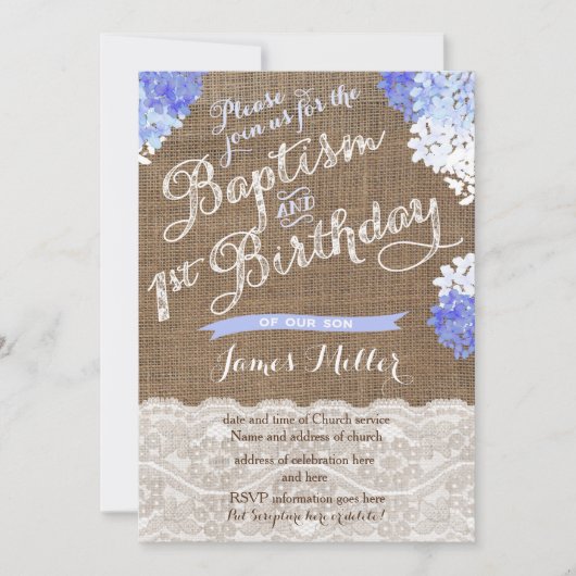Baptism 1st Birthday Invites, Blue White Florals Kaart (Voorkant)