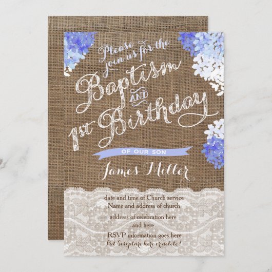 Baptism 1st Birthday Invites, Blue White Florals Kaart (Voorkant / Achterkant)