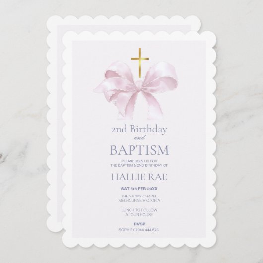 Baptism and 2nd Birthday Modern Pink Bow Kaart (Voorkant / Achterkant)