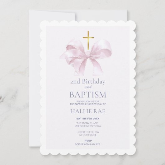 Baptism and 2nd Birthday Modern Pink Bow Kaart (Voorkant)