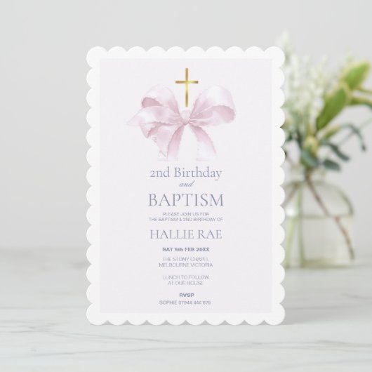 Baptism and 2nd Birthday Modern Pink Bow Kaart (Staand voorkant)