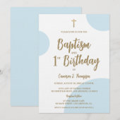 Baptism and First Birthday with Cross Blue Gold Kaart (Voorkant / Achterkant)