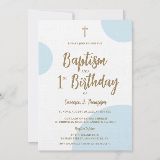 Baptism and First Birthday with Cross Blue Gold Kaart (Voorkant)