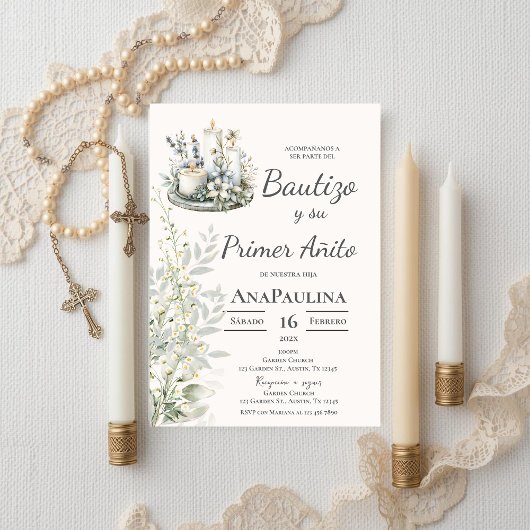 Baptism and first year invitation in Spanish Kaart