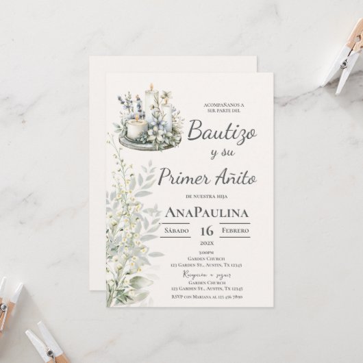 Baptism and first year invitation in Spanish Kaart (Voorkant / Achterkant in situ)