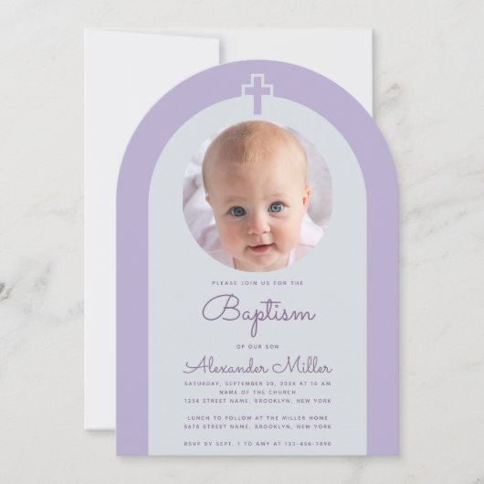 Baptism Arch Foto Lavendel Paarse Kruis & Script Kaart (Voorkant)