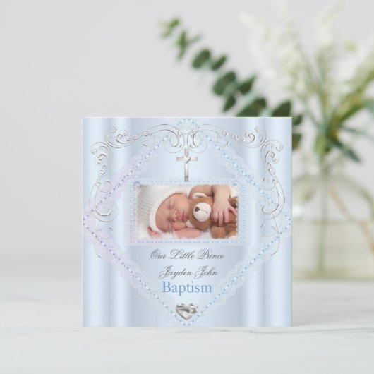 Baptism Baby Boy Blue Christening Cross Prince 2 Kaart (Staand voorkant)
