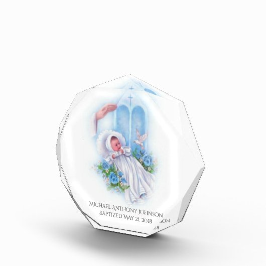 Baptism Baby Boy Blue Flowers Cross Fotoblokken (Rechts)